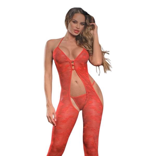 Elawin Lingerie | Red Triple Strap Flocked Body Sock